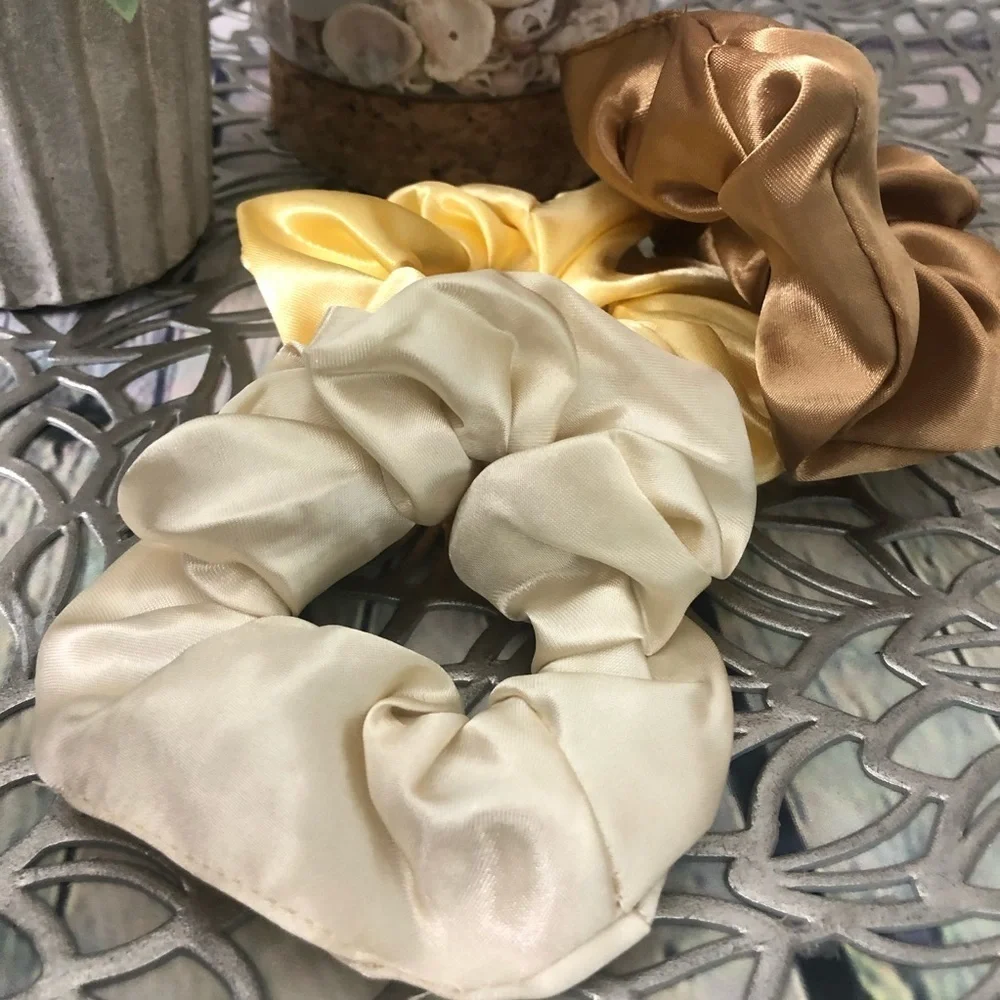 3 New Silk Scrunchies Creme, Tan, Yellow Colors